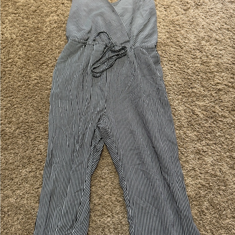 Black and White Striped Jumpsuit with Tie Waist